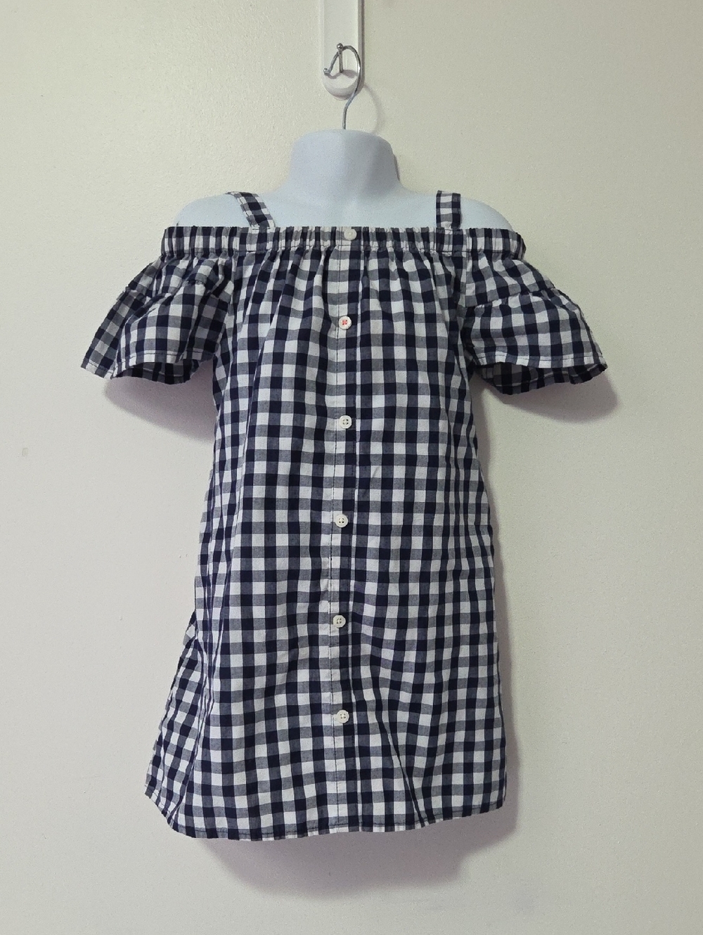 French Toast Navy and White Gingham Off-Shoulder Dress